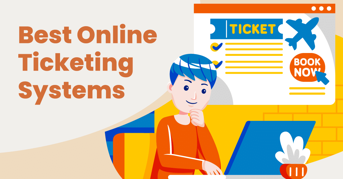 a graphic showing a person shopping on a laptop for tickets