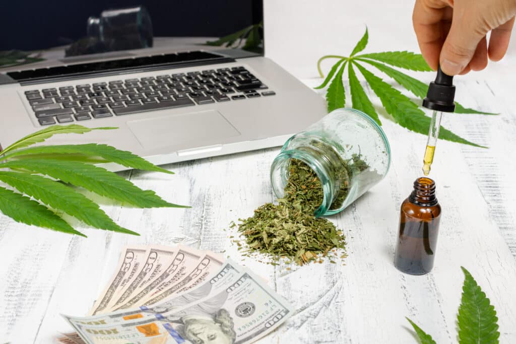 A cannabis oil dropper dropping a drop, a bottle with dried herb spilling, and dollar bills in front of a laptop with marijuana leaves on a white background