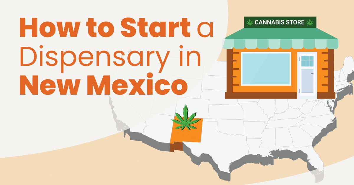 a graphic showing the state of New Mexico and a cannabis dispensary building