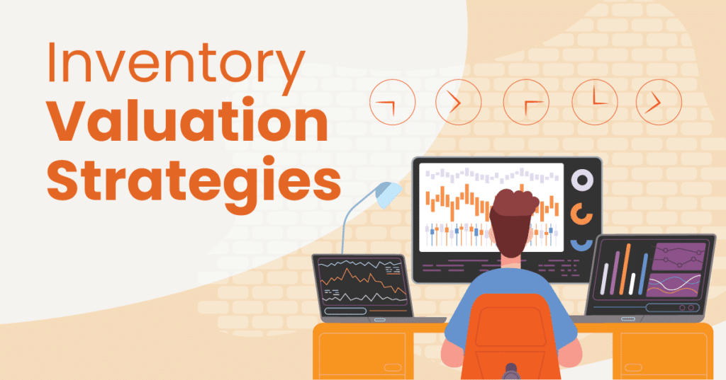 a graphic of a person sitting at a desk looking at figures and trends on computers