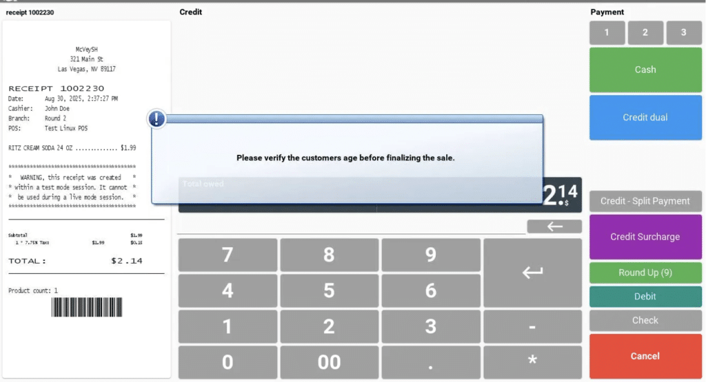 Screenshot of age verification pop-up in KORONA POS interface