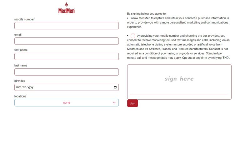 a screen capture of medmen's online form for opting into sms marketing messages