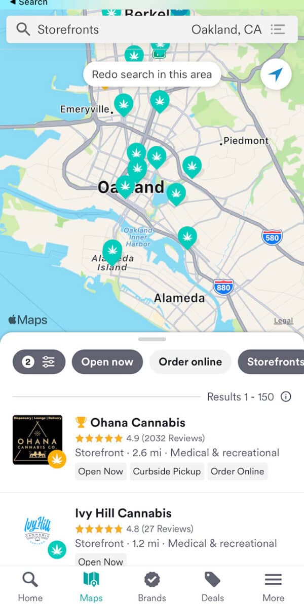 a screen capture of the weedmaps application interface showing oakland dispensaries