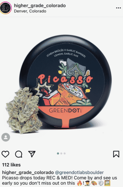 a screen grab taken from a higher grade dispensary showing a cannabis flower product promotion