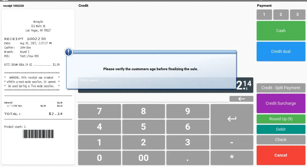 A screenshot of KORONA POS system's age verification warning, which pops up on the screen before making a sale