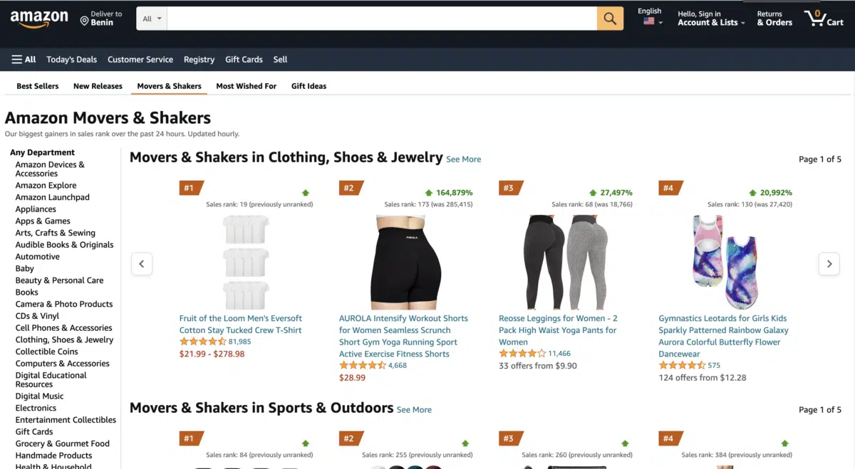 a screen capture showing Amazon's trending products section called 'Movers & Shakers'