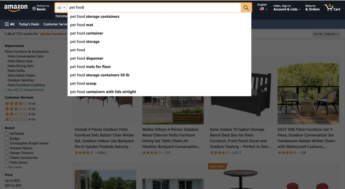 a screen grab of a search for pet food on Amazon