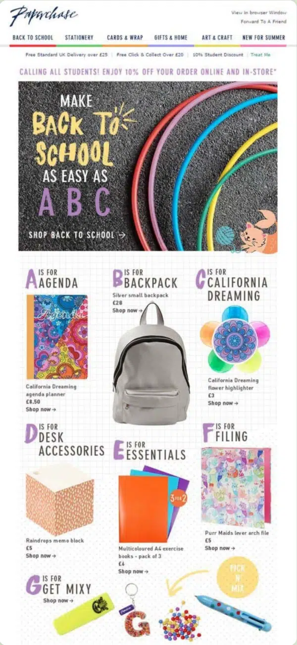 a Back-to-school marketing campaign email with different products from letters of the alphabet