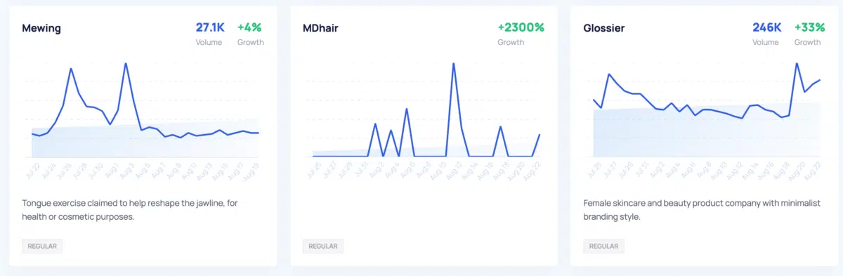 a screen capture of results for 'Beauty Trends' on Exploding Topics