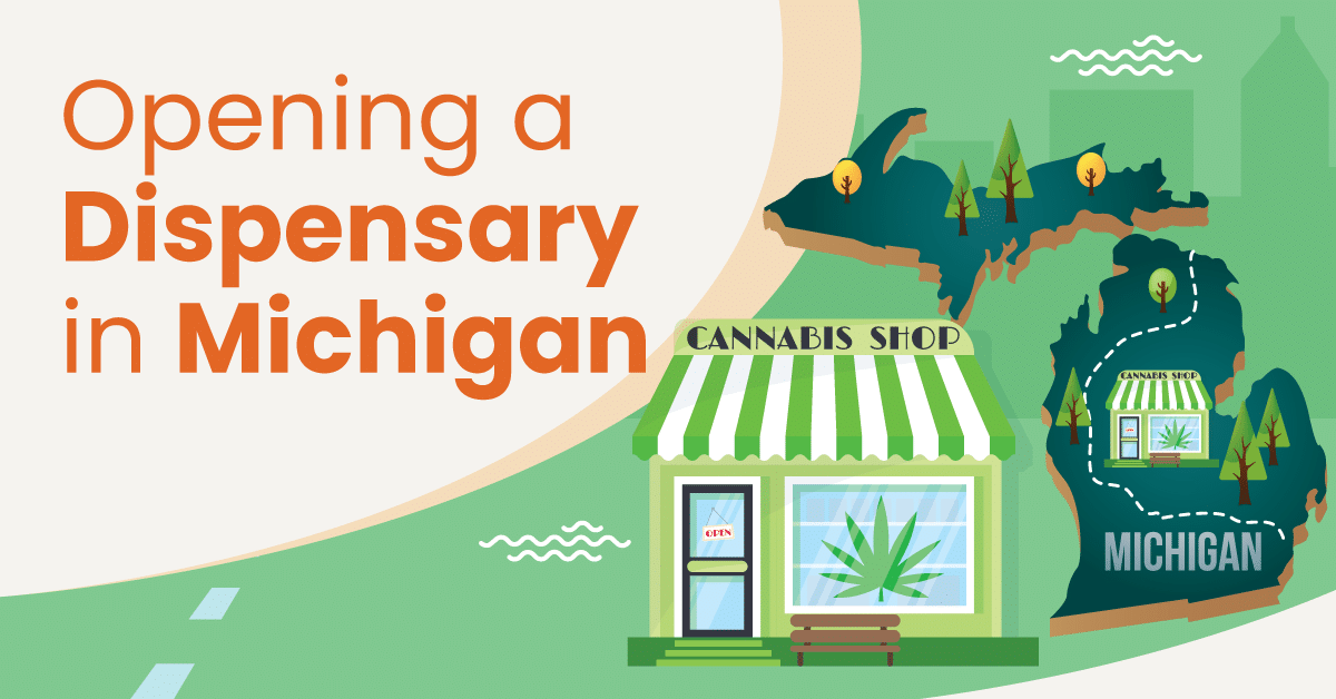 New dispensary location with a map of the state of Michigan and a cannabis shop