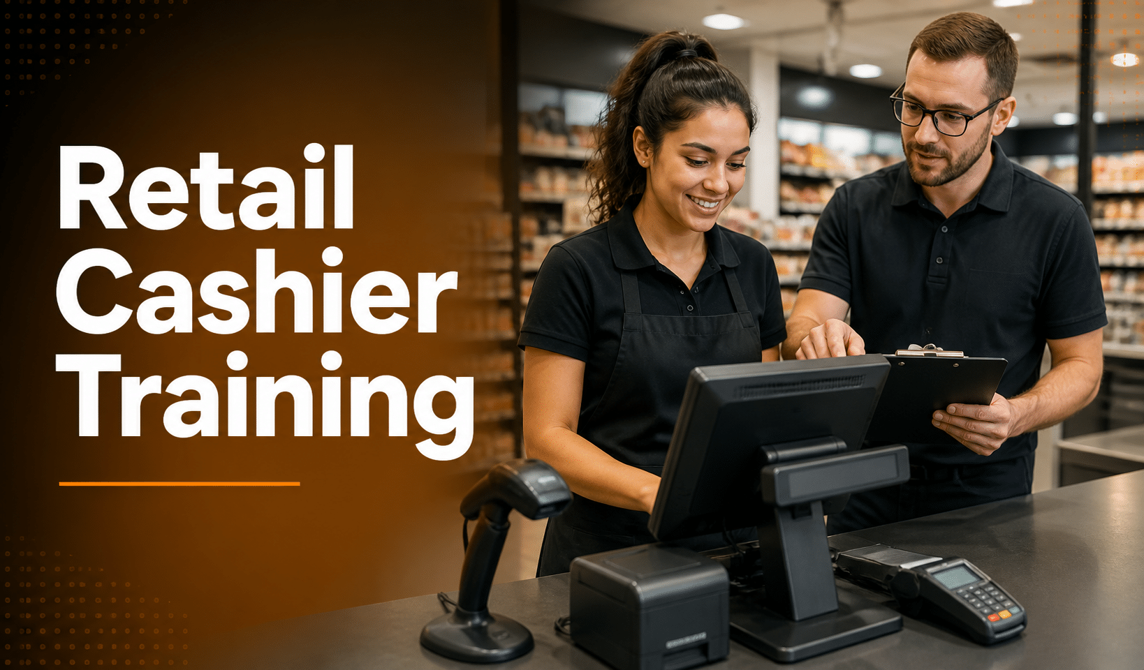 Featured image showing a manager training a cashier on how to using a pos system in a retail setting.