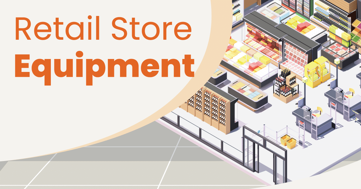 a graphic depicting an overhead view of a retail store set up with different types of equipment and inventory