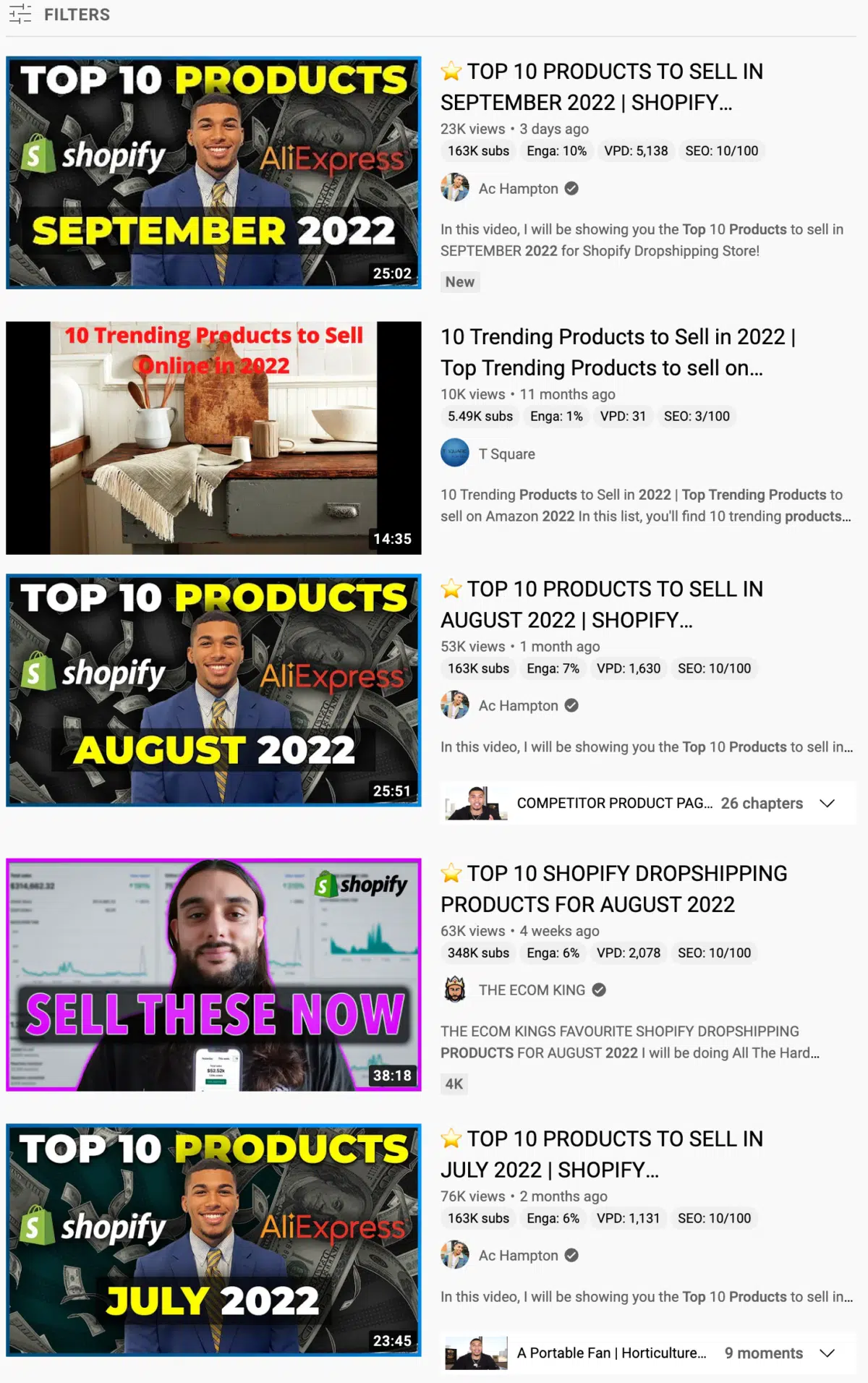 a screen capture from YouTube showing videos for trending products to sell 