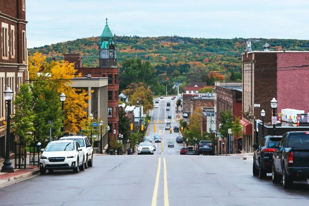 Photo of a downtown Main Street of a small Michigan town in the fall