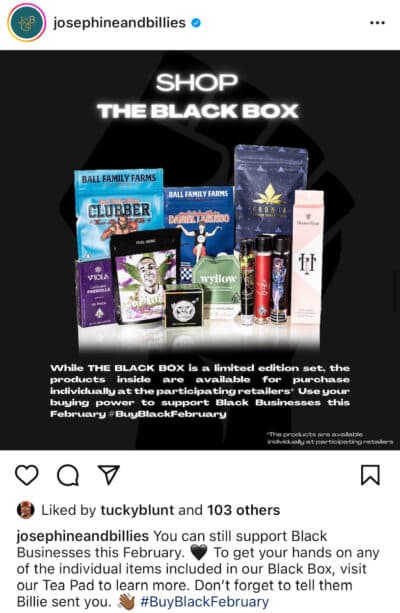 a screen capture from josephine and billies dispensary instagram showing black owned cannabis brands