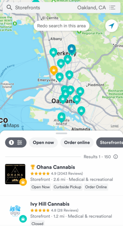 a screen capture showing nearby dispensaries in oakland california