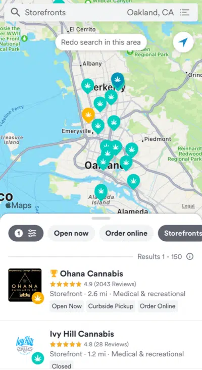 a screen capture from a smartphone showing how Weedmaps works for finding cannabis retailers