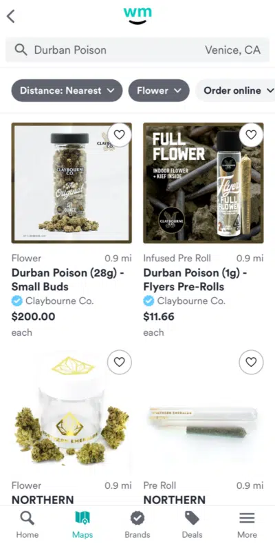 a screen capture showing how users can browse categories and products on Weedmaps