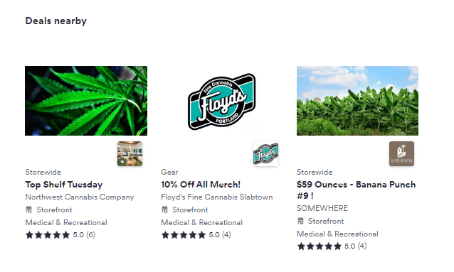 a screen capture showing promoted deals in portland on weedmaps