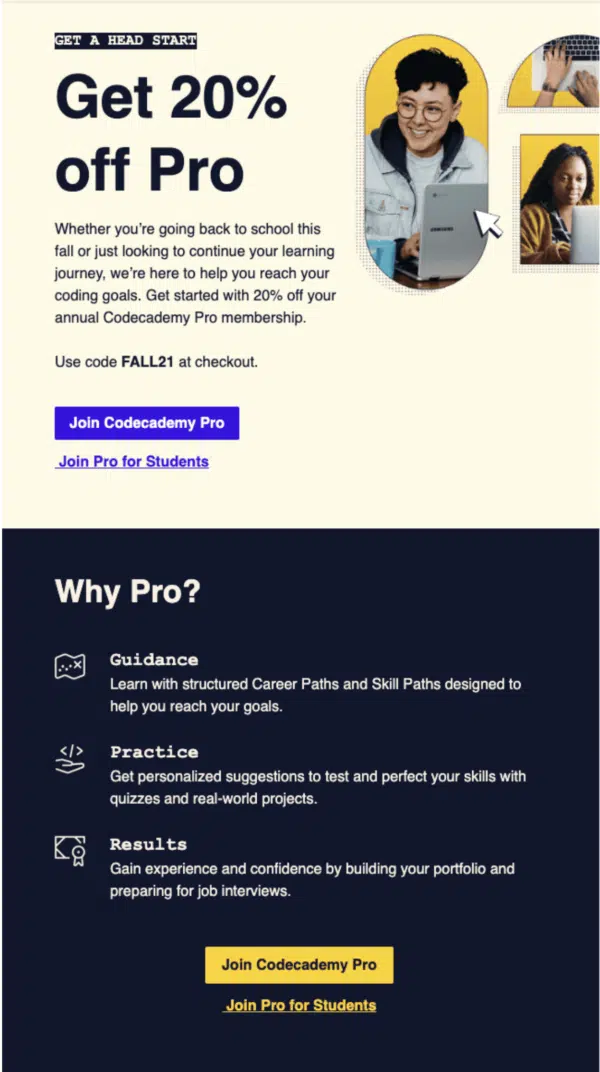 Back-to-school campaign idea with a discount promo for Codeacademy Pro
