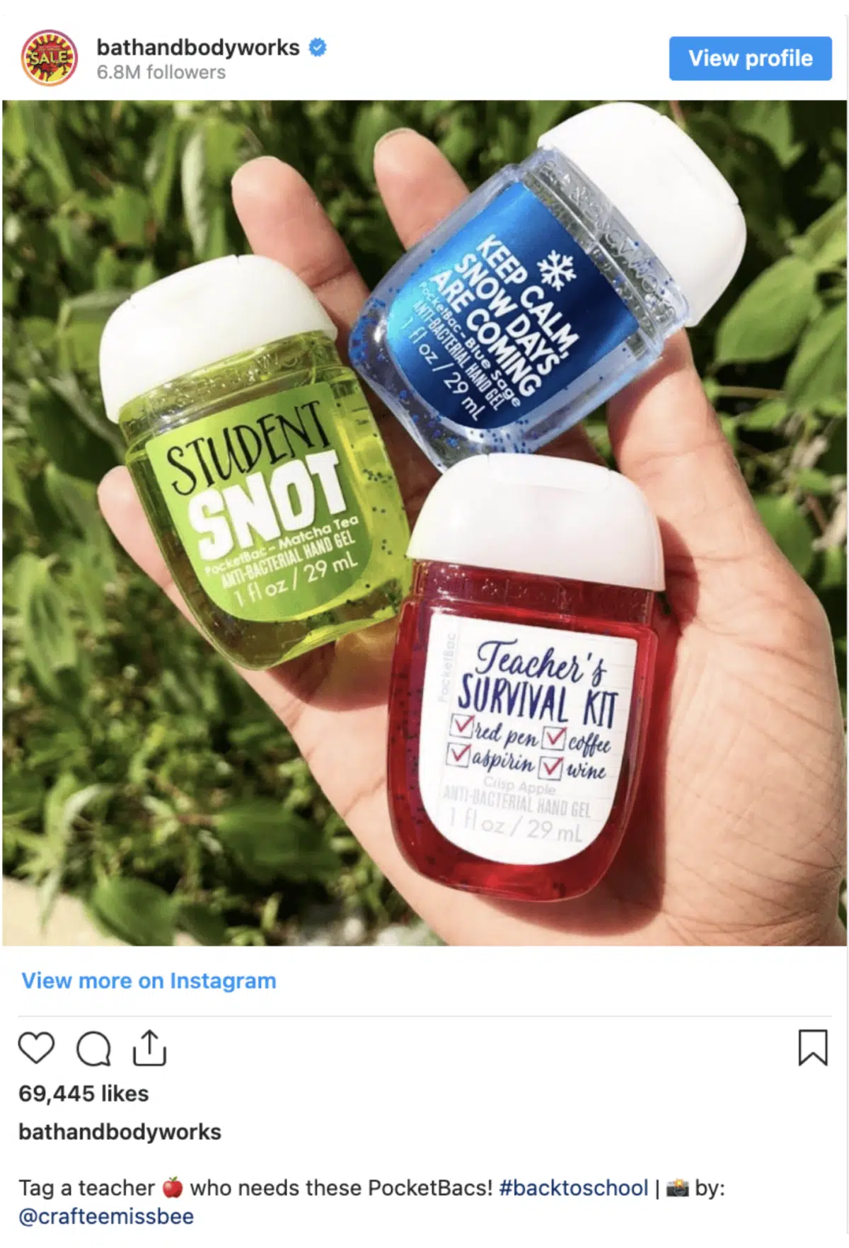 a Bath and Body works back-to-school campaign on Instagram for hand sanitizers