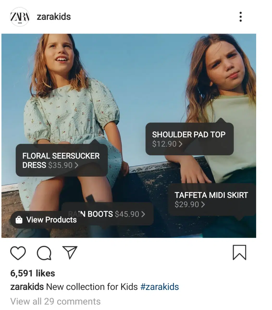 an example of Zara's Instagram shopping with kids clothing options