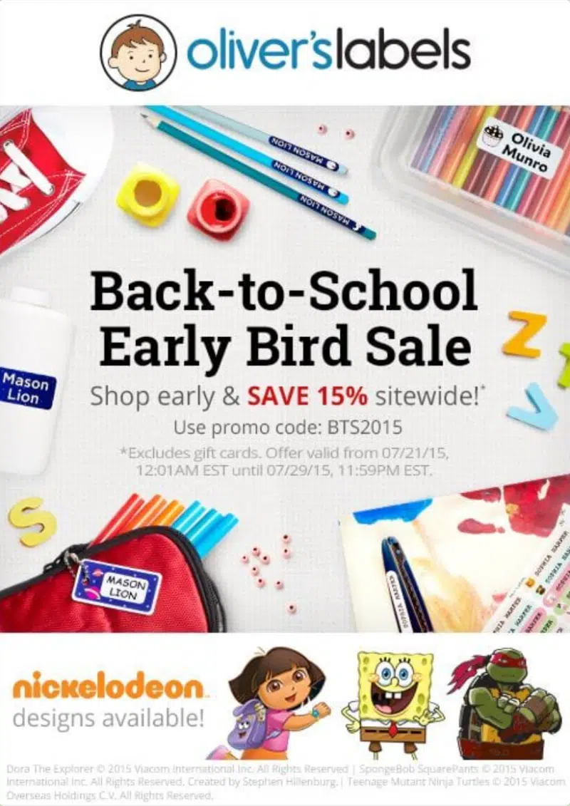 a Back-to-school early bird sale from Oliver's Labels with 15% off