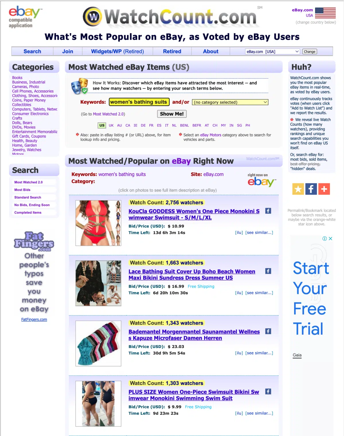 a screen capture of WatchCount.com, a tool for finding watched and popular items on eBay