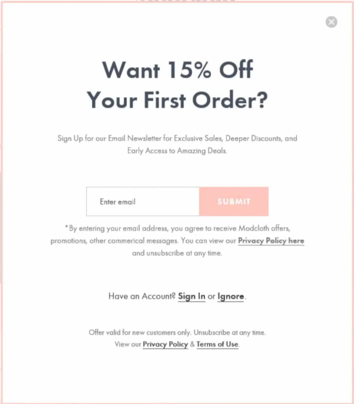 an example of how to build an email list with a popup offering 15% off first order with email signup 