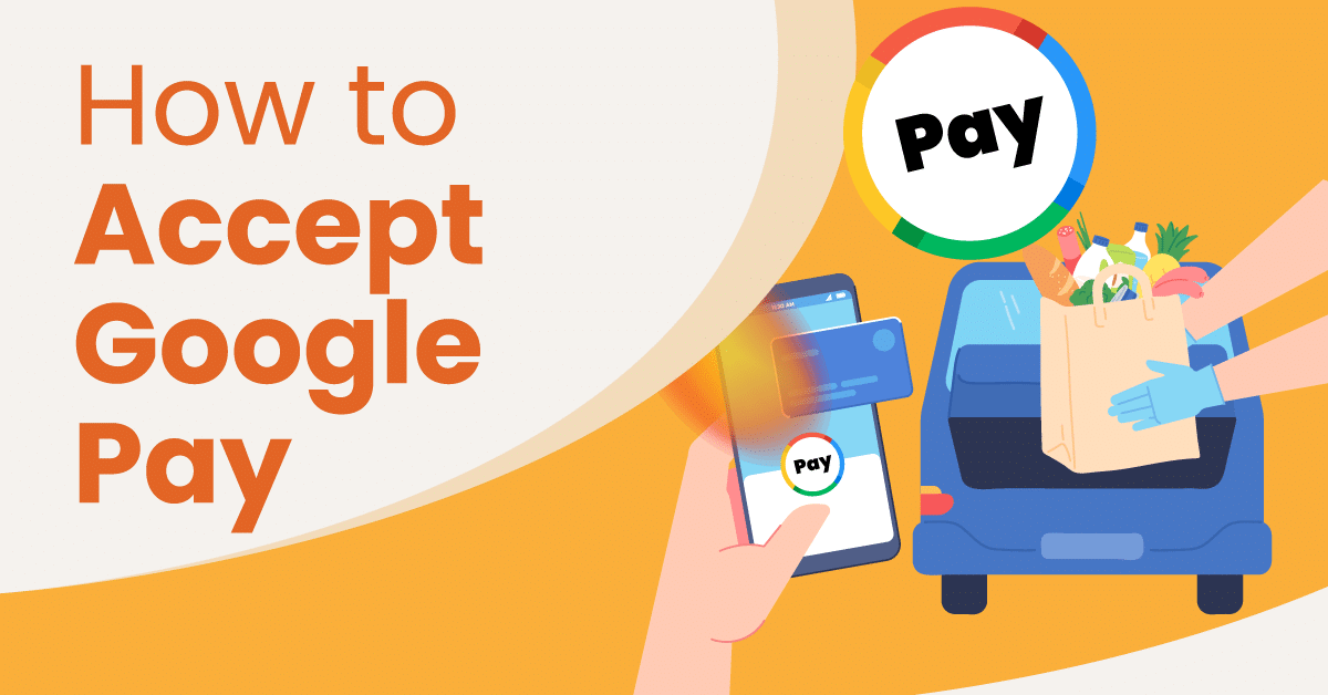 a graphic showing a person paying for groceries with Google Pay