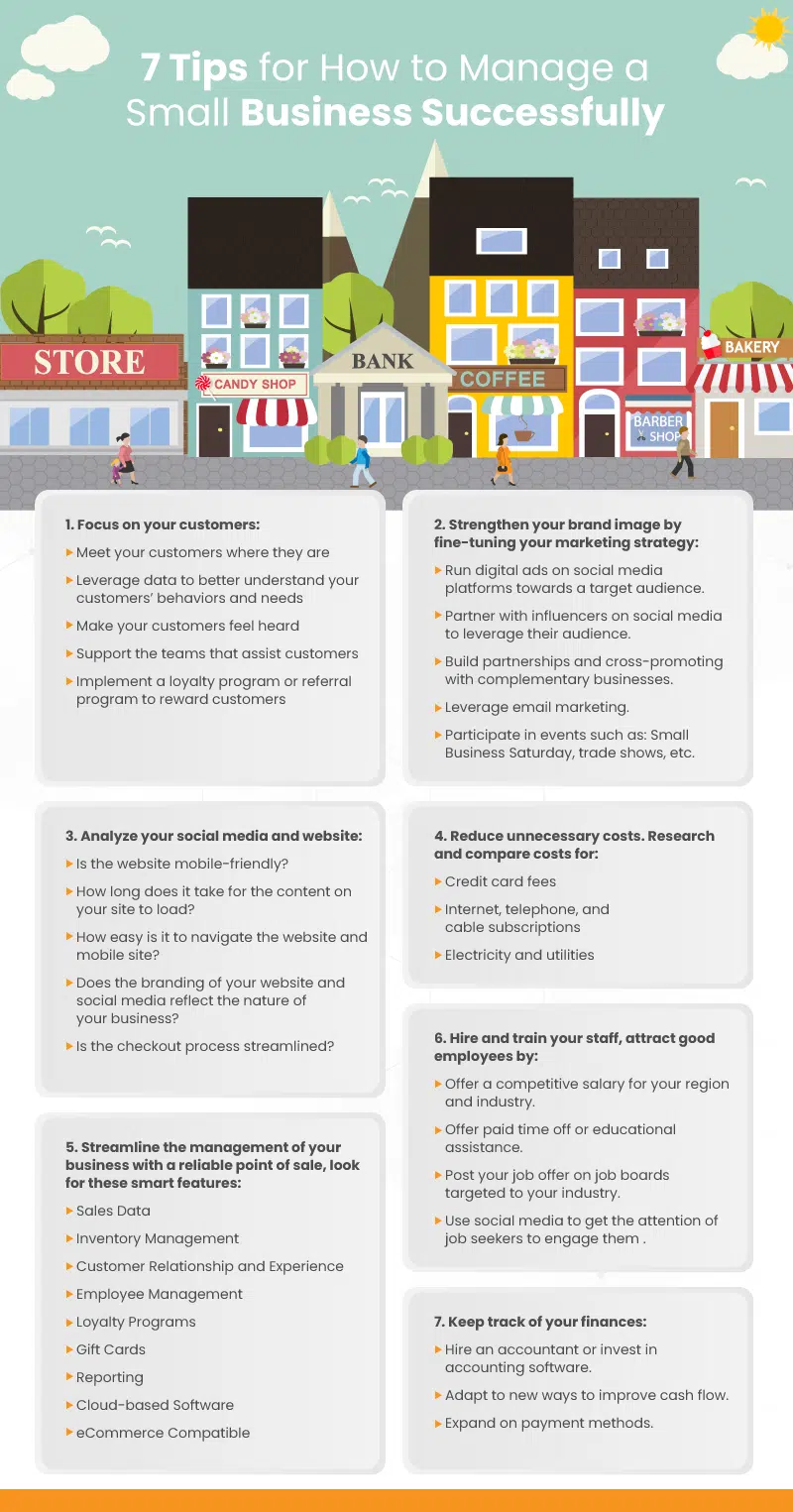 an infographic with 7 tips for how to manage a small business successfully 