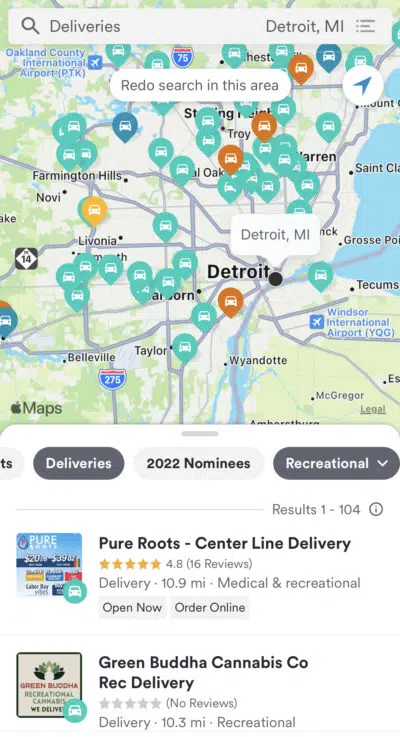 a screen capture from Weedmaps showing dispensary delivery options in the Detroit area