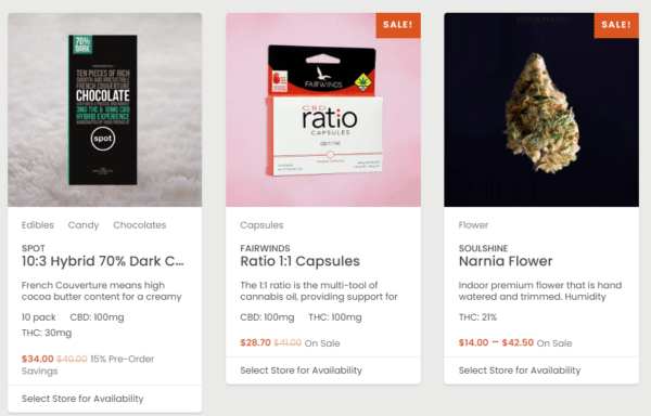 a screen grab showing a cannabis dispensary online menu on a custom website built by korona pos