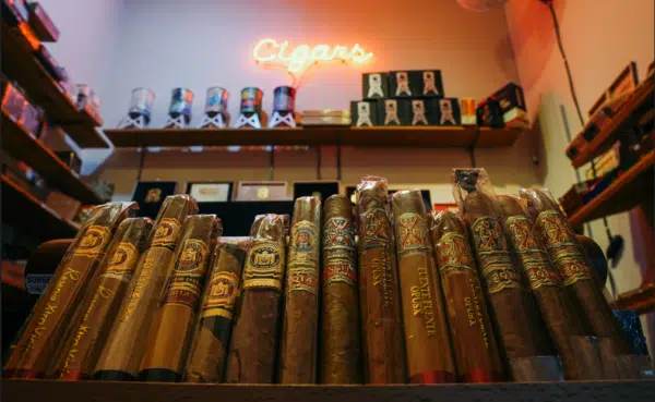 cigars on the counter of a smokeshop