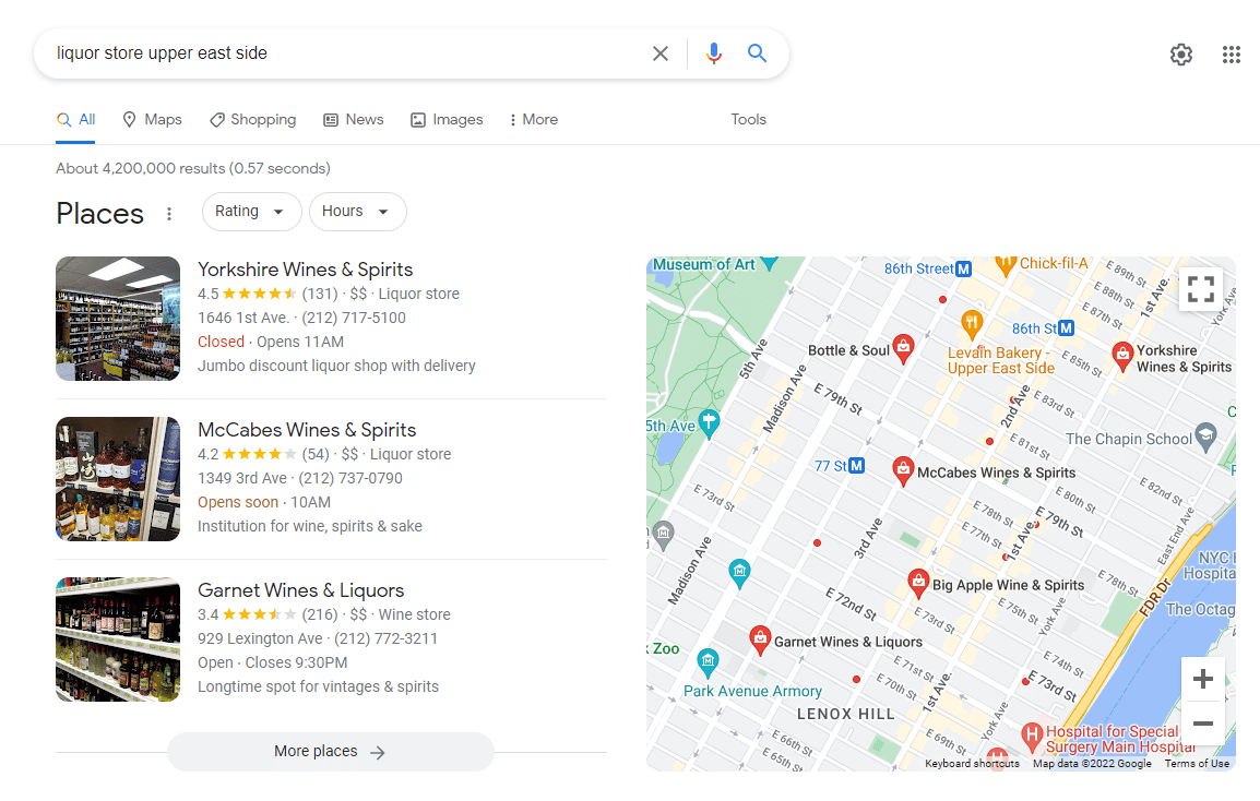 Screenshot of a Google Map Pack results page for a search for "liquor store upper east side"
