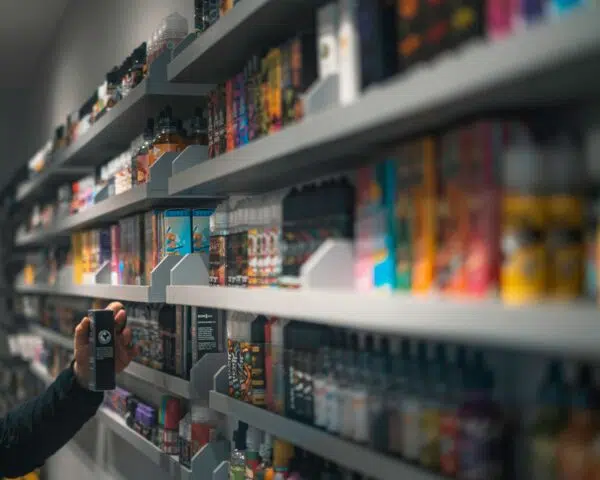 vape products sit on a shelf in a smoke shop