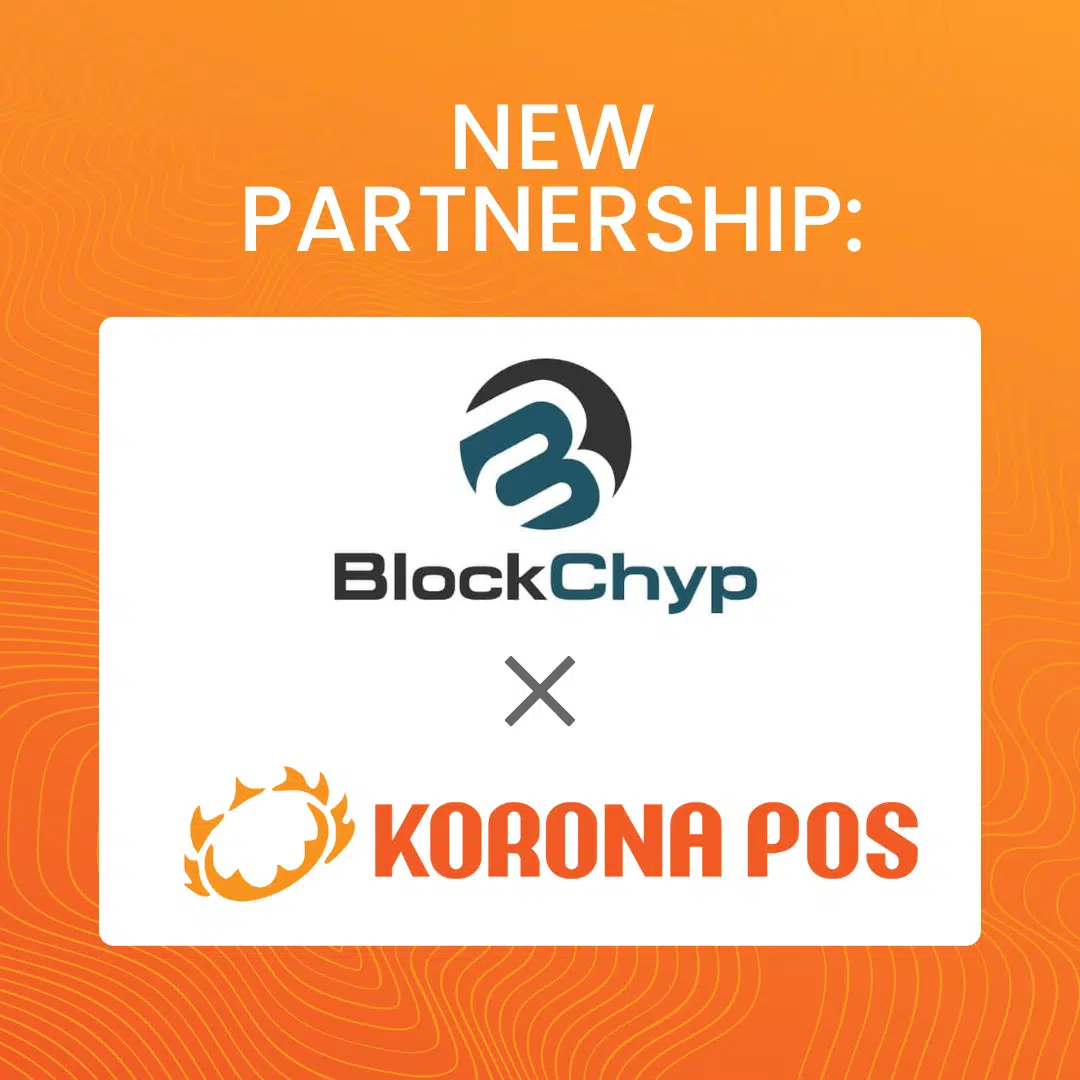 a graphic illustrating the new partnership between BlockChyp and KORONA POS