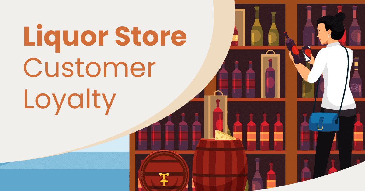 a graphic of a customer in a liquor store holds a wine bottle and looks at their phone