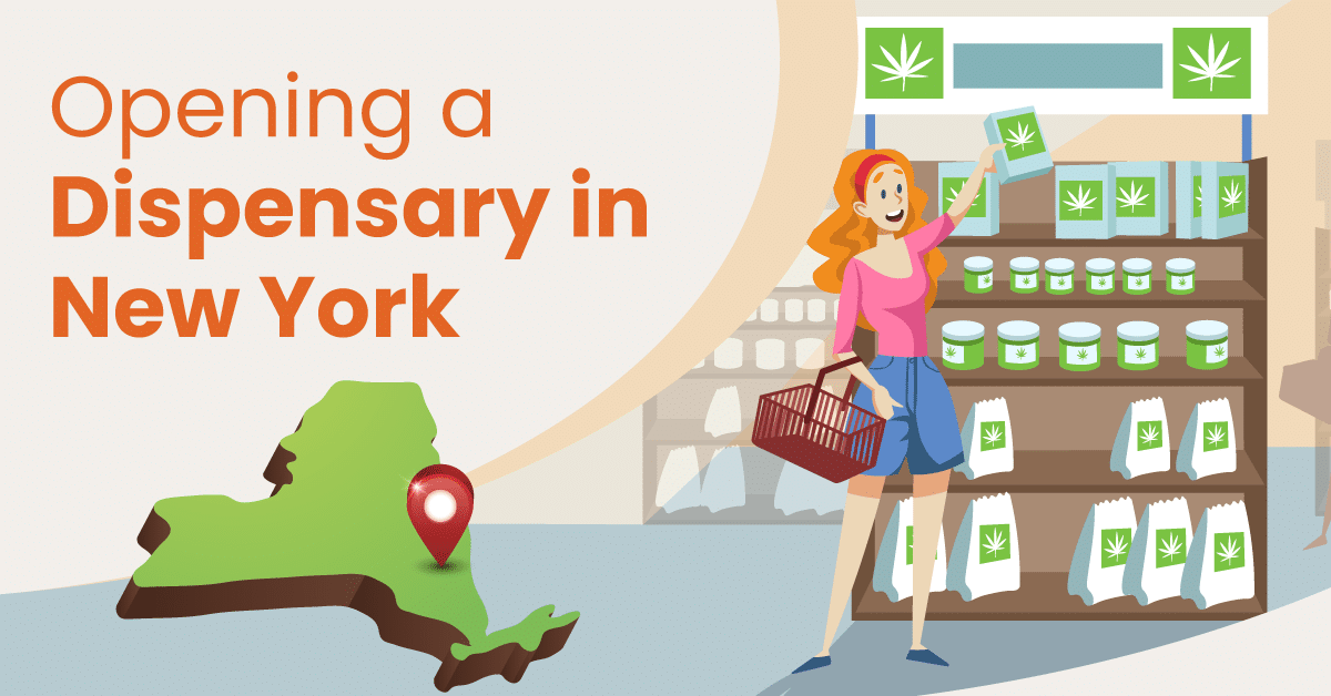 a graphic of a person shopping in a dispensary next to a graphic of the state of New York
