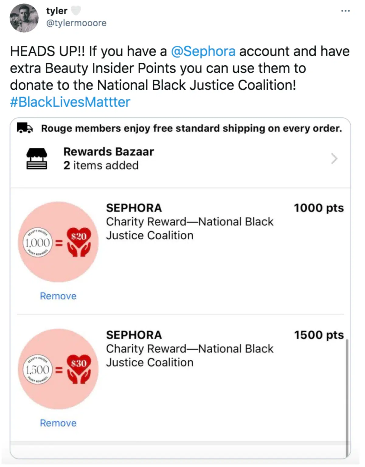 an example of Sephora allowing rewards members to donate to the National Black Justice Coalition