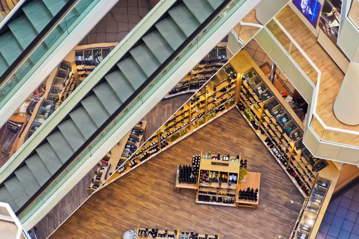 a birds eye view of a large liquor store retail floor