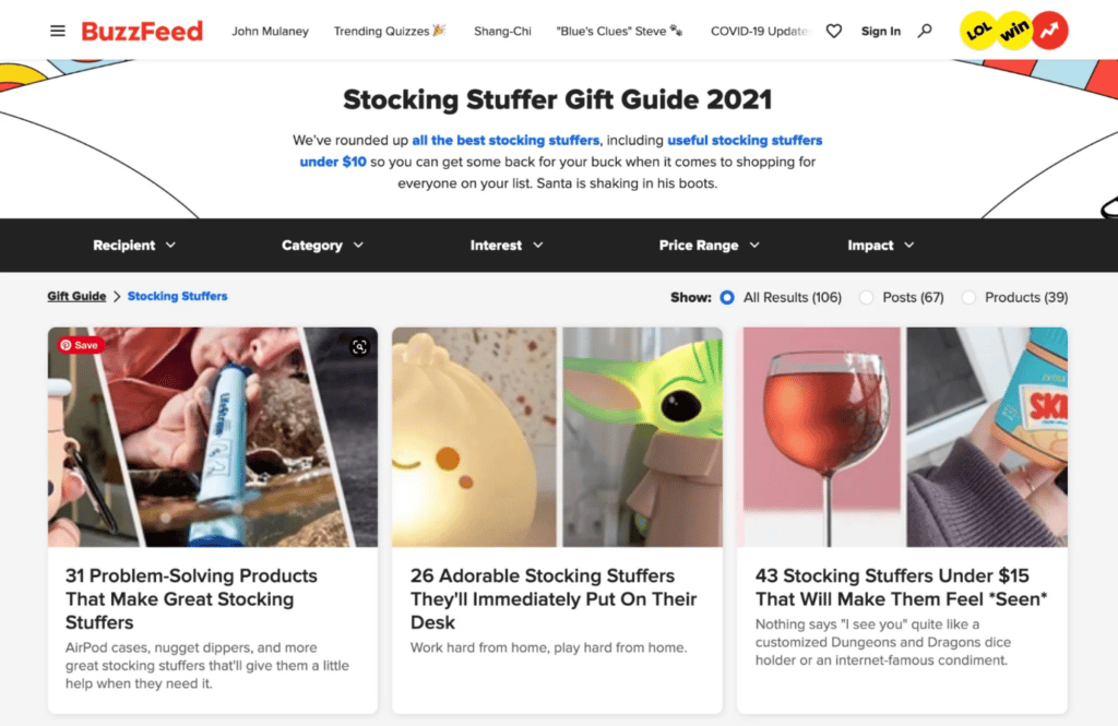 BuzzFeeds holiday gift guides screenshot