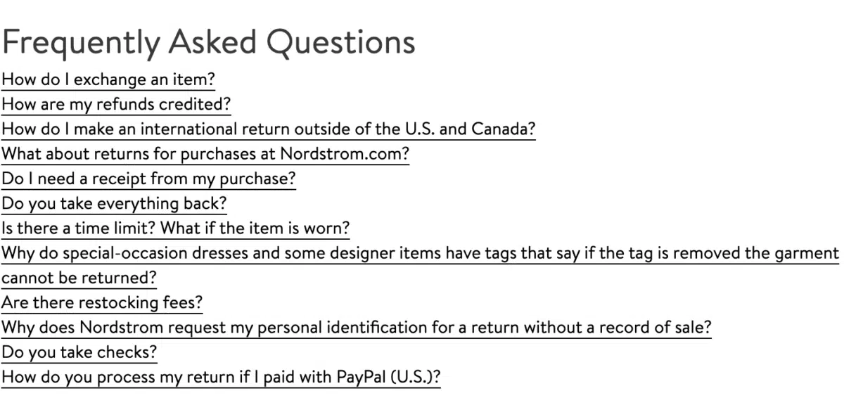 an example of a return policy FAQ page