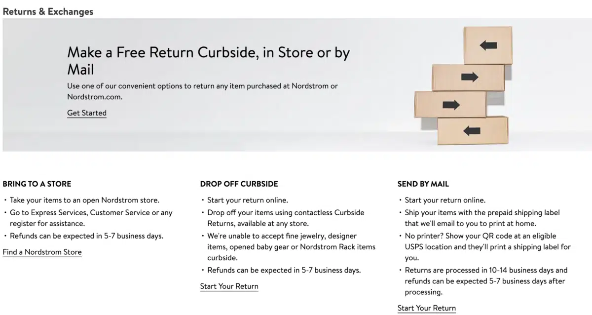 a screen capture from Nordstrom website showing their policy for 'returns & exchanges'