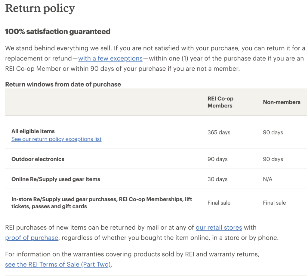 Return Policy Template from REI-Co-op