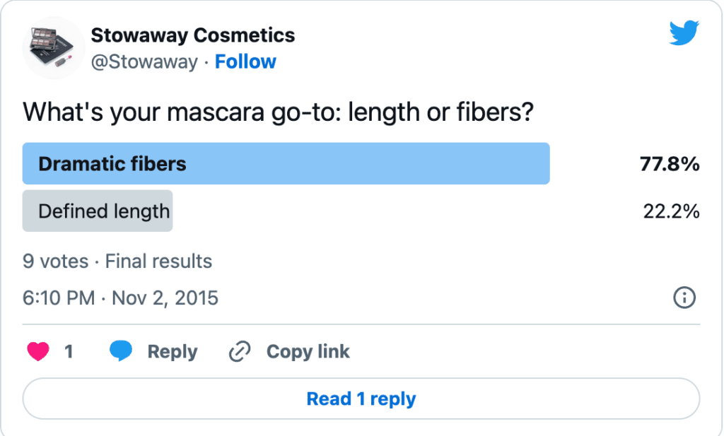 Stowaway cosmetics Twitter poll for more customer engagement