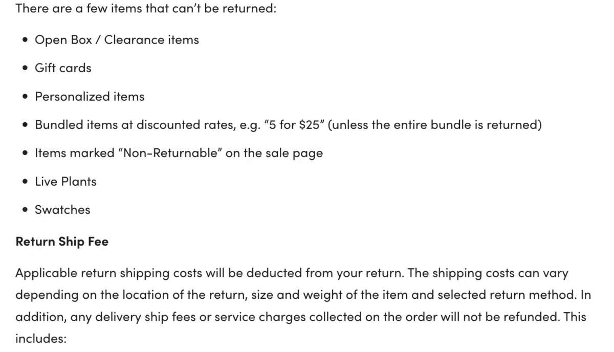 an example of returns policy rules