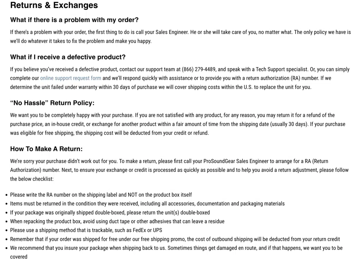 an example of ProSound Gear return policy template