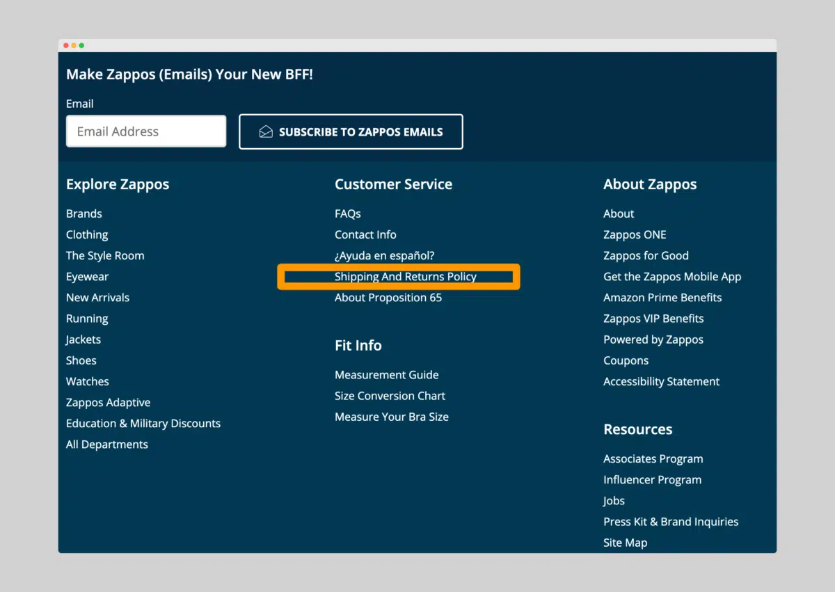 a screen capture showing Zappos 'Shipping and Returns Policy' on their website footer
