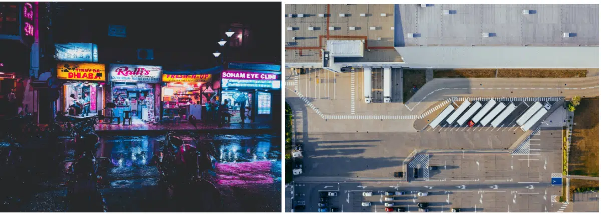 a photo or retail stores next to a photo of an overhead view of a warehouse with shipping trucks